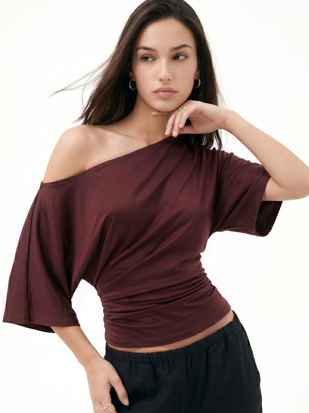 Brown Off-Shoudler Fitted Top