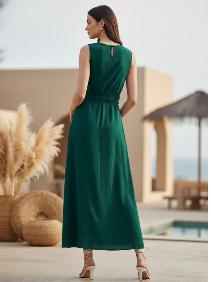 Green High Neck Twisted Tie Up At Waist Detail Dress