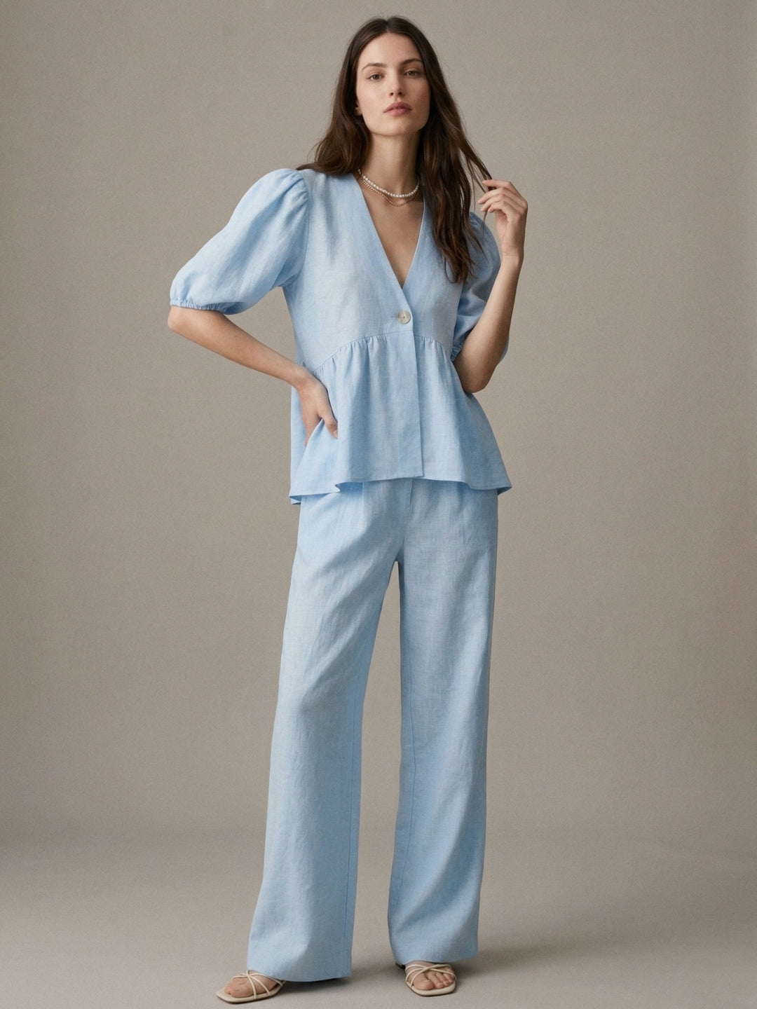 Blue Puff Sleeve V Neck Flared Top And Pant Set