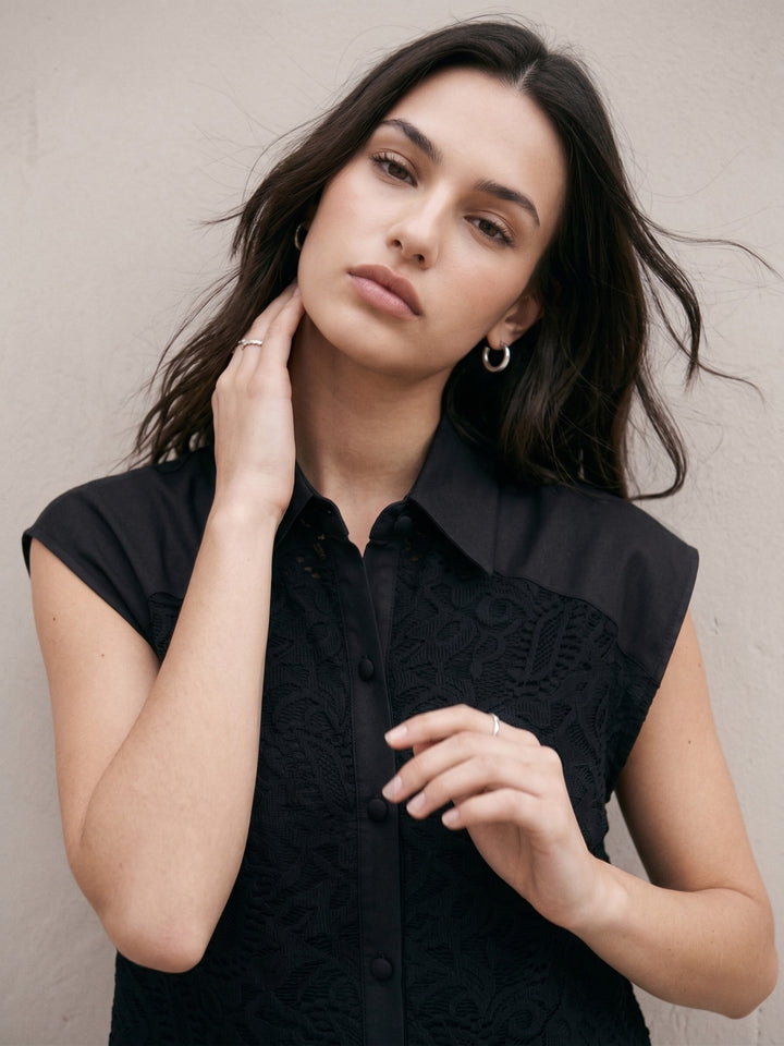 Black Lace Overlay Shirt With High Low Hemline