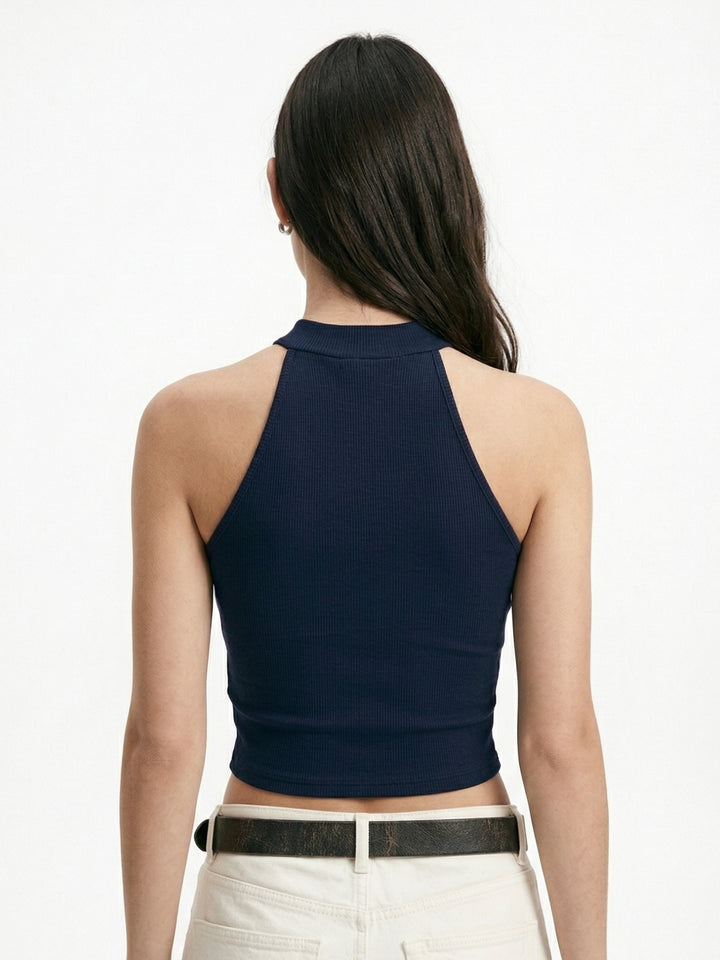 Navy Blue Sleeveless Mock Neck Top