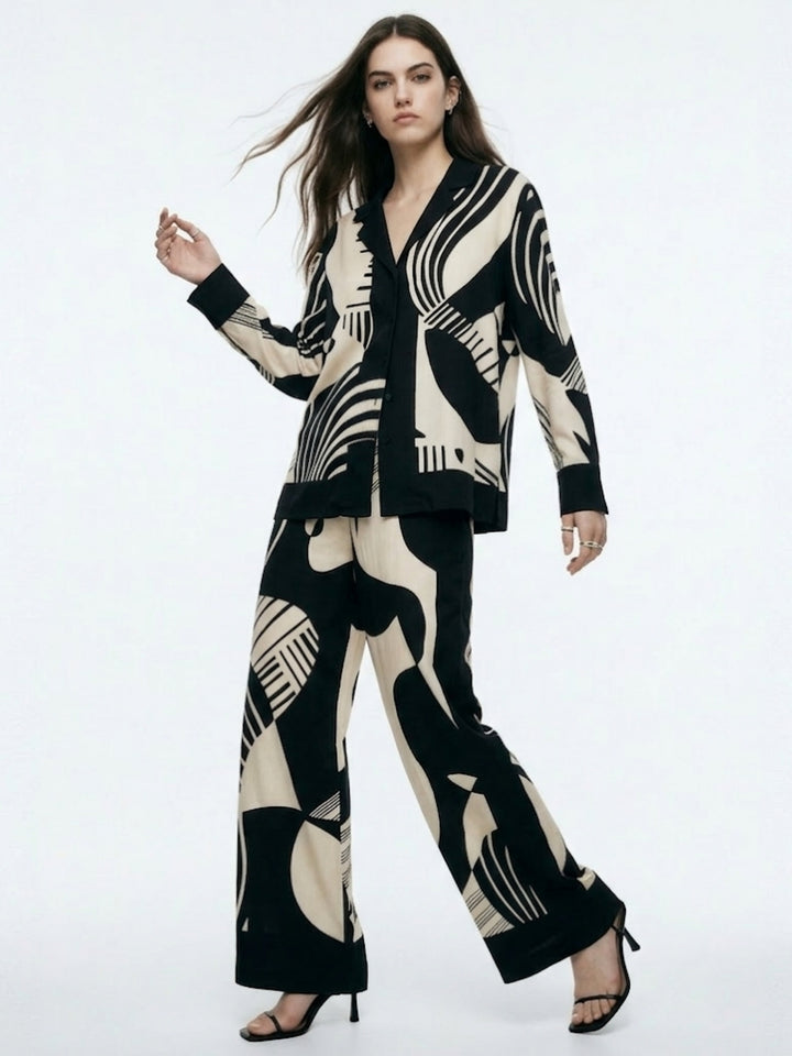 Black Abstract Print Shirt And Trouser Co-Ord Set