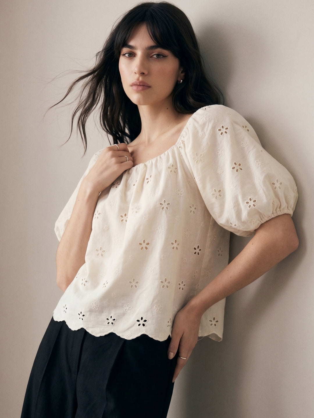 Off White Scallop Hem Square Neck Schiffli Top