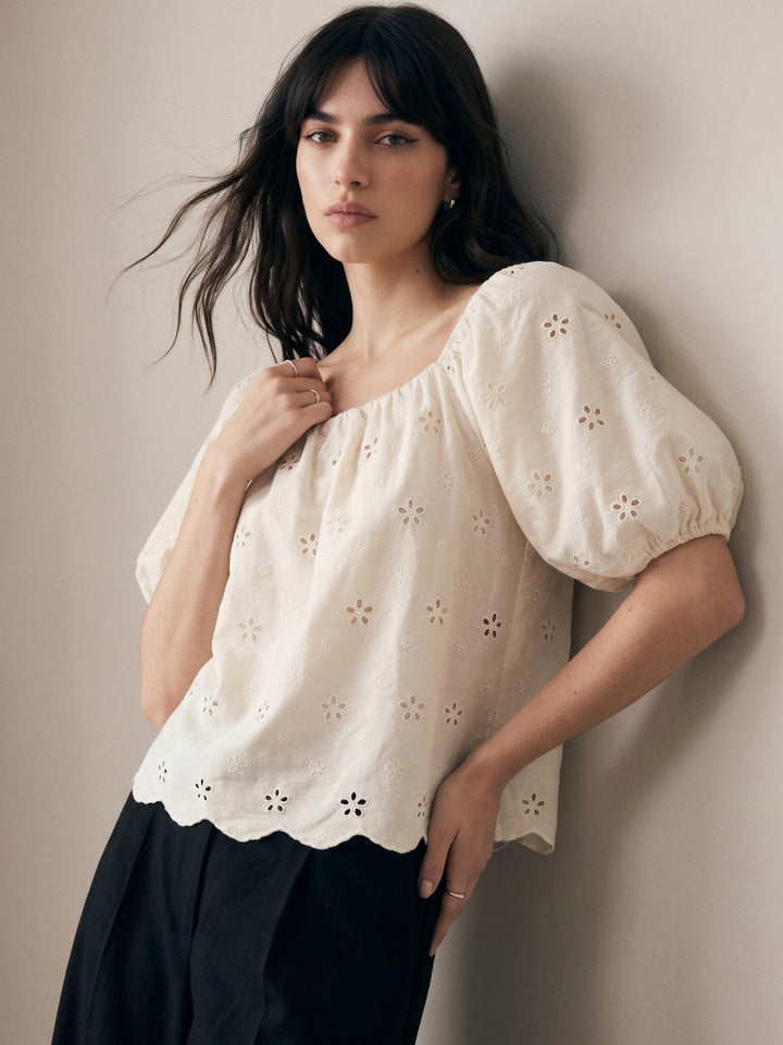 Off White Scallop Hem Square Neck Schiffli Top