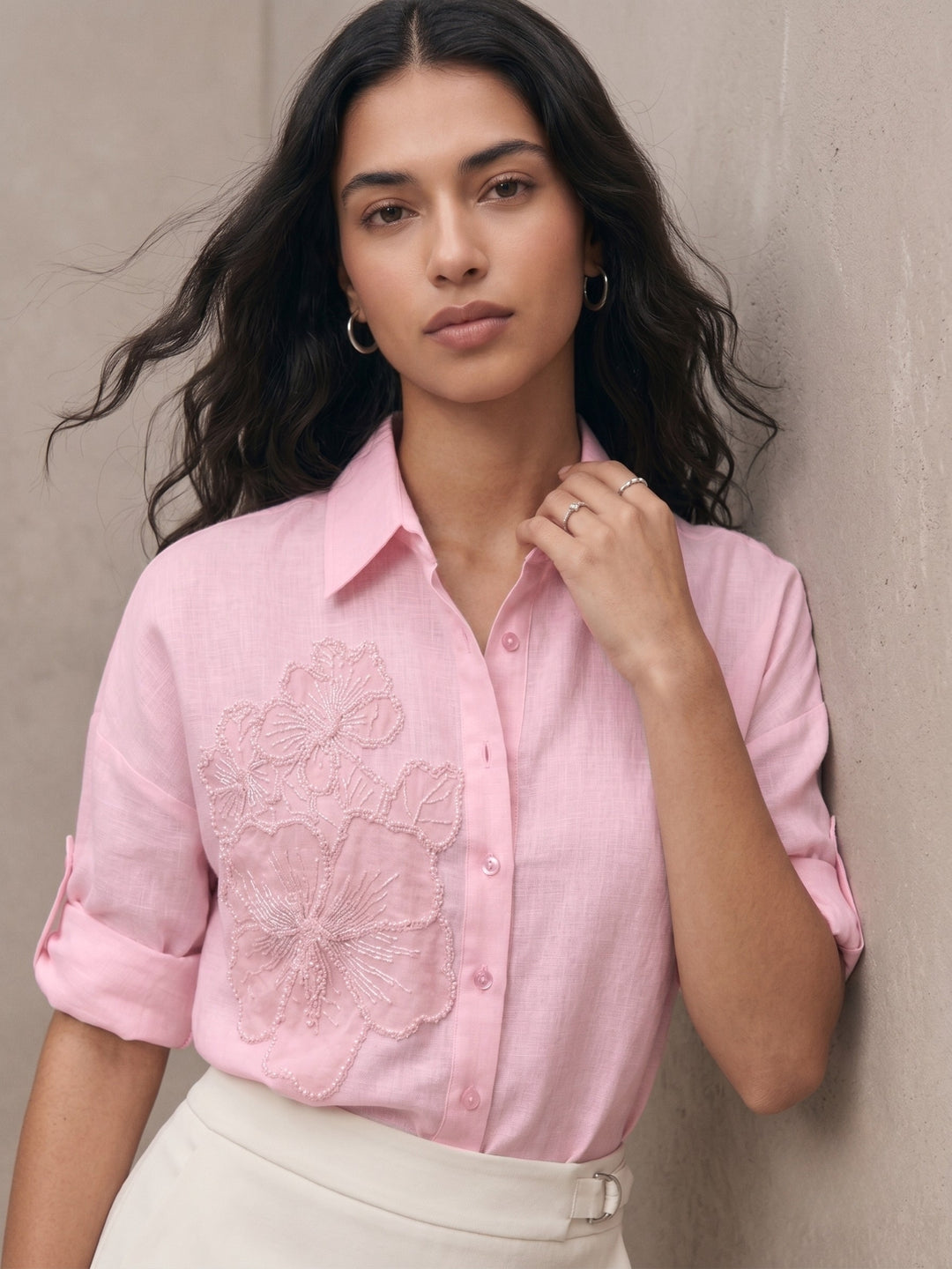 Light Pink Floral Embroidered Applique Shirt