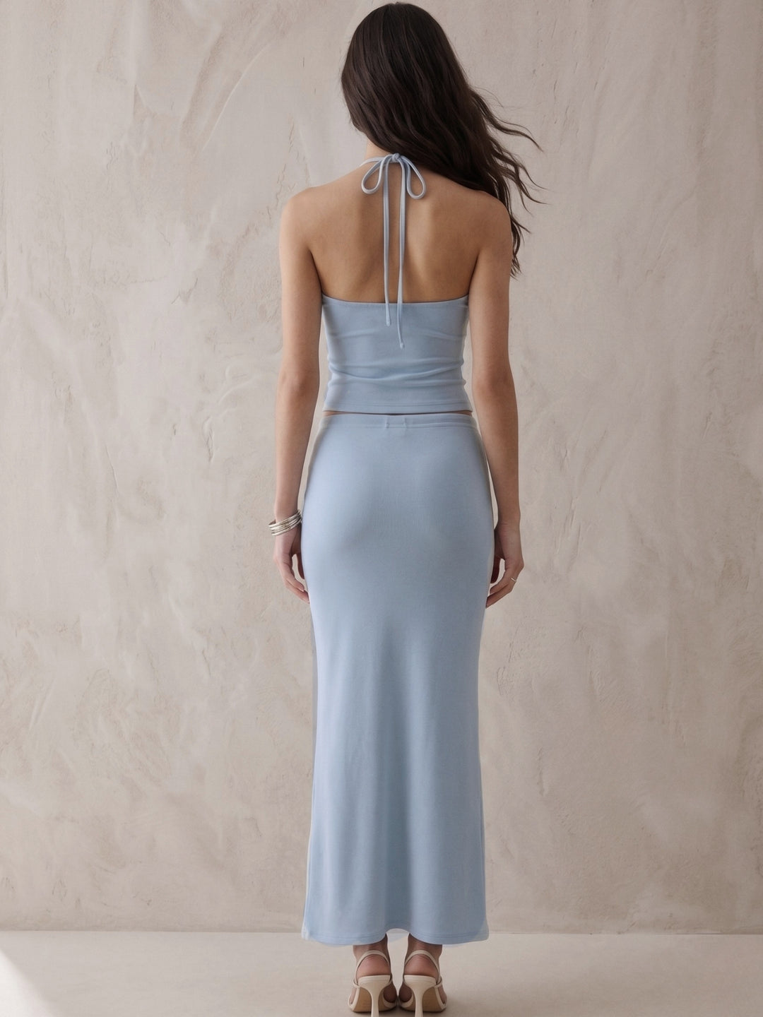 Blue Spaghetti Strap Top And Skirt Set