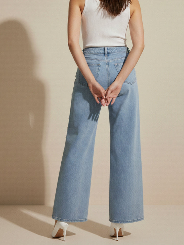 Light Blue Multi Studded Wide Leg Denim