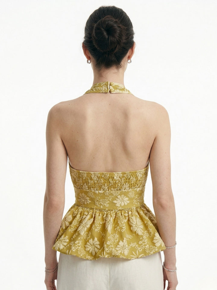 Mustard Halter Neck Waist Bow Textured Top