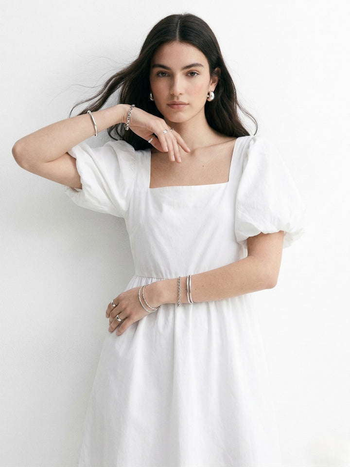 White Square Neck Puff Sleevees Mini Dress