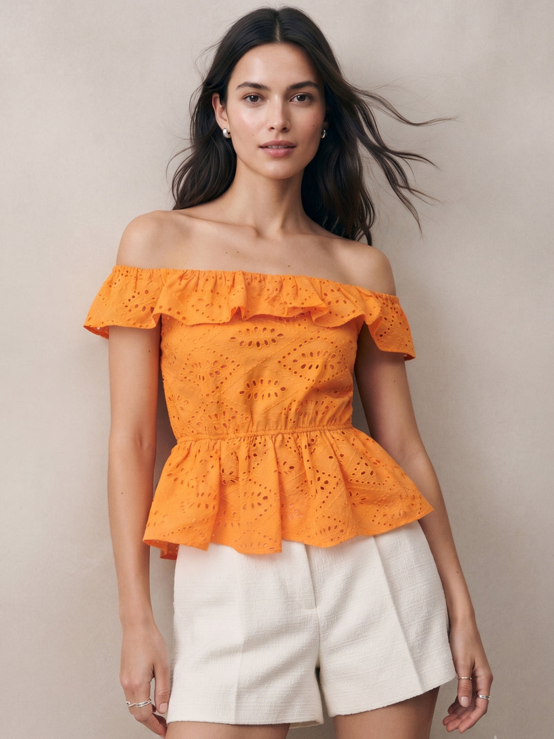 Orange Offshoulder Schiffli Blouse