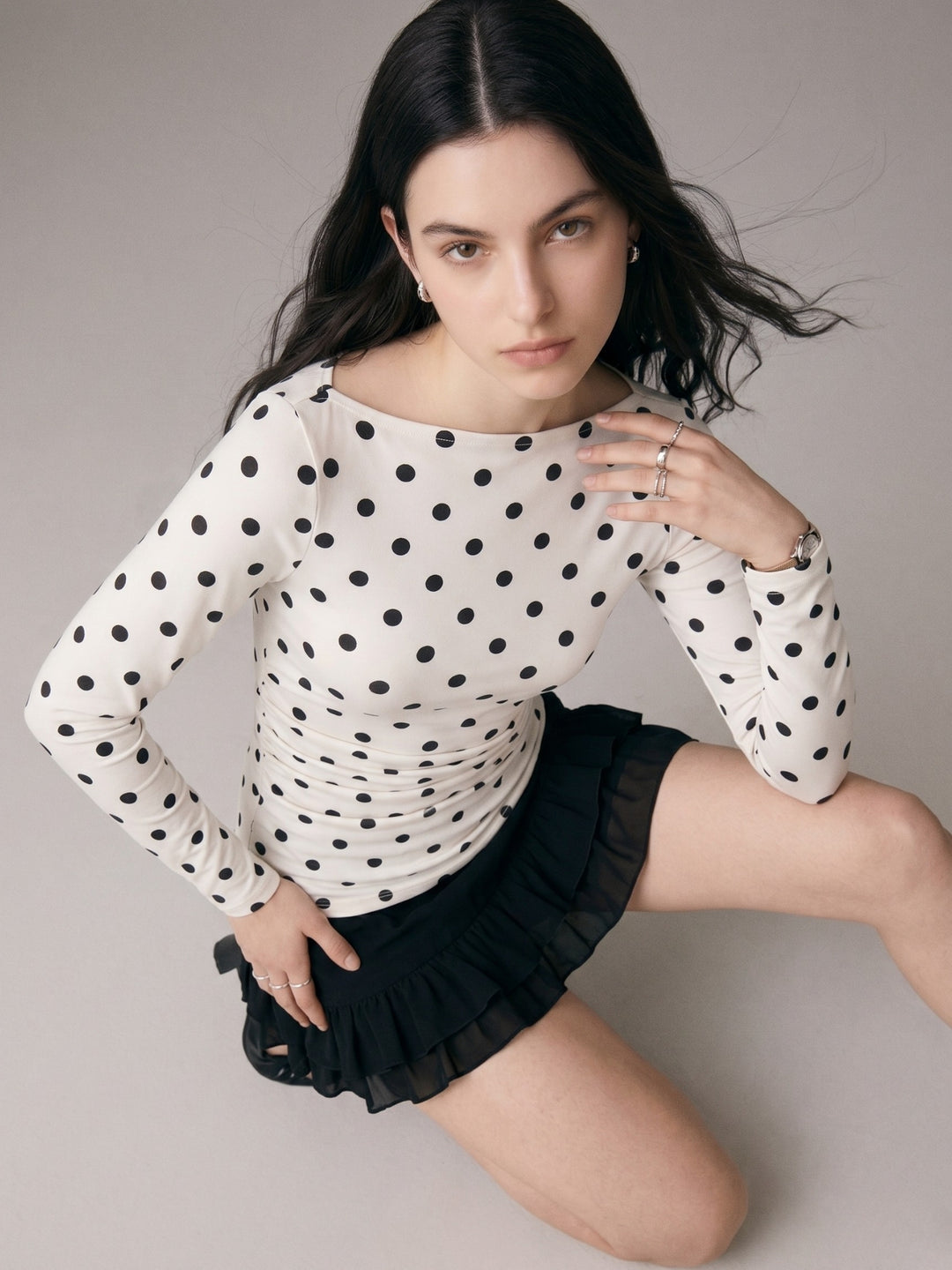 Multi Polka Dot Full Sleeve Fitted Top