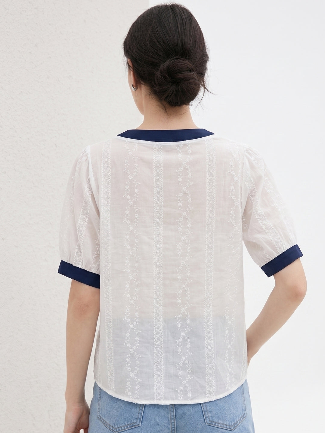 White Sheer Top With Contrast Binding