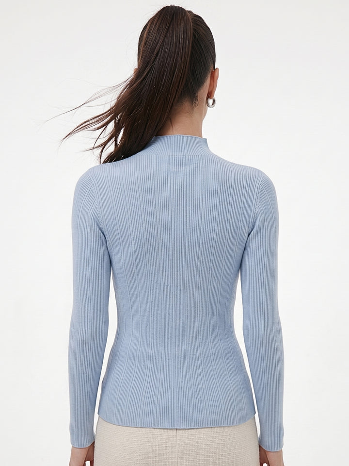 Blue Full Sleeve Mock Neck Fitted Top