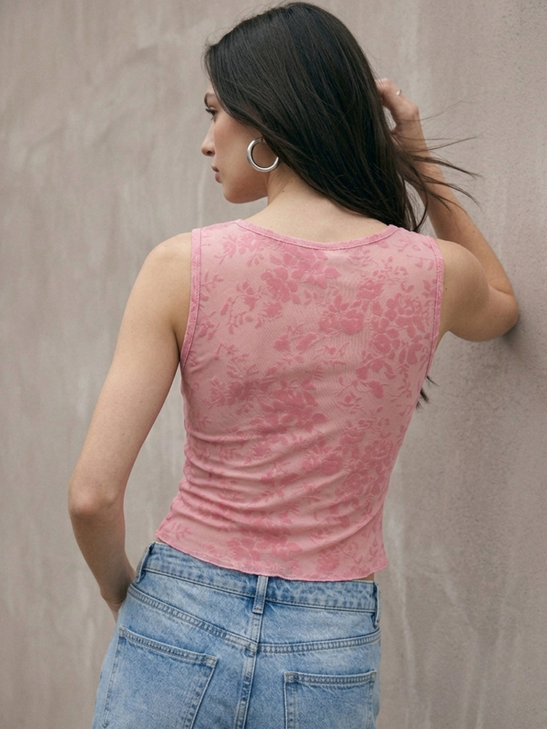 Mauve Flock Textured Mesh Tank With Lace Inserts