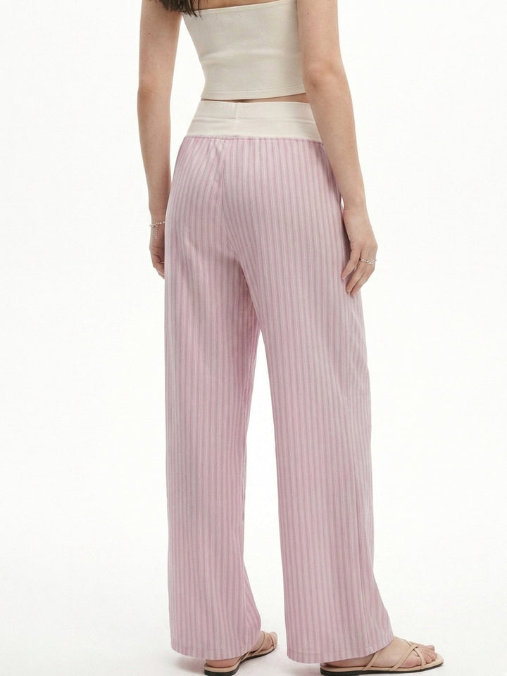 Pink Contrast Waist Band Striped Pant