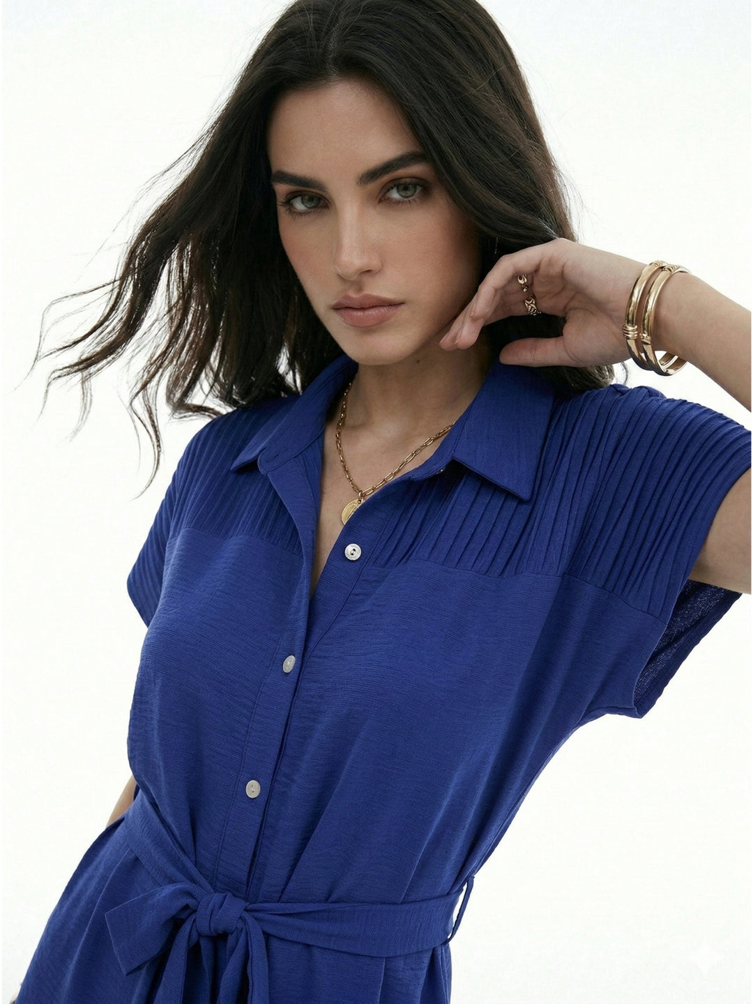 Blue Shirt Dress With Waist Tie Up Detail