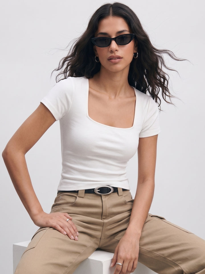 White Square Neck Fitted Top