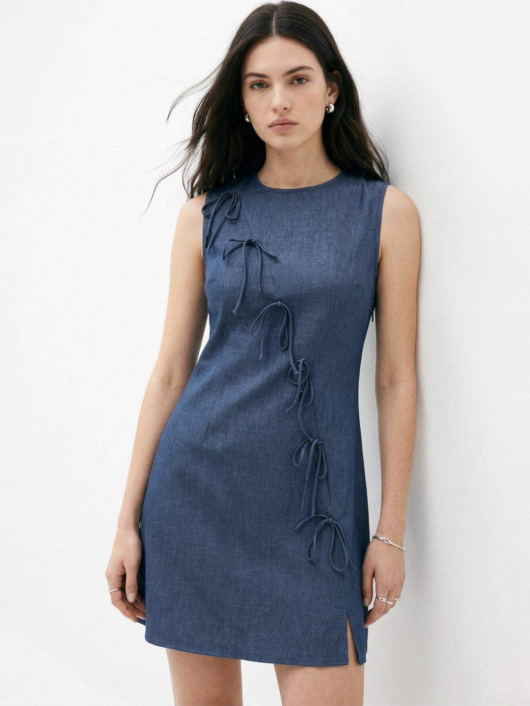 Blue Mini Sleeveless Dress With Slit And Bow Detail