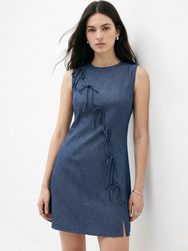 Blue Mini Sleeveless Dress With Slit And Bow Detail