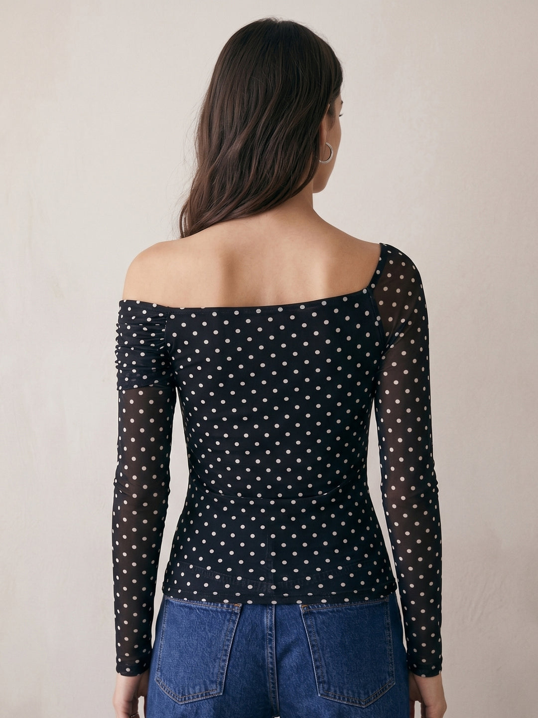 Black Polka Dot Assymetrical Off-Shoulder Top