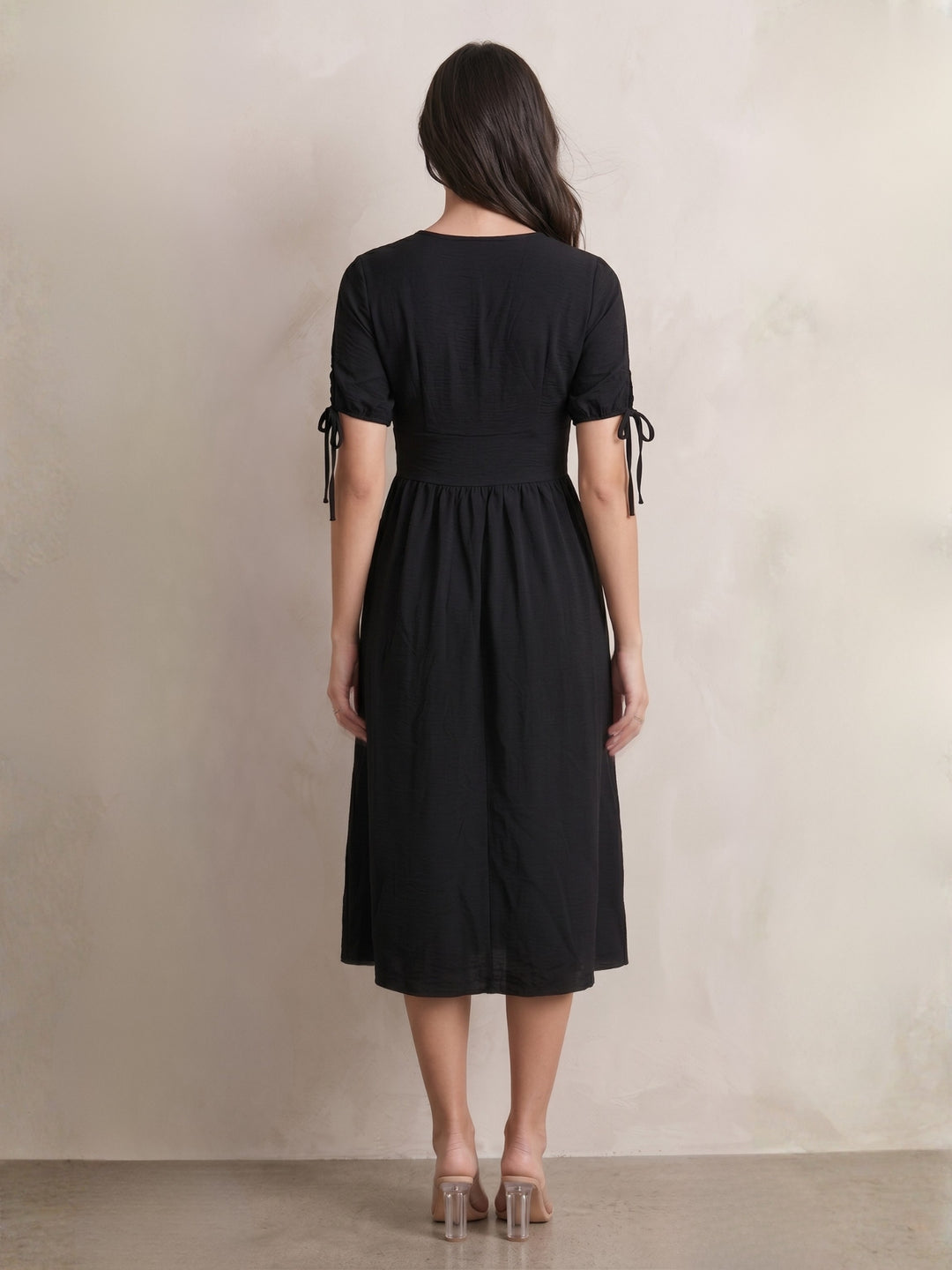 Black Short Sleeve Tie-Up Front Buttoned Dress