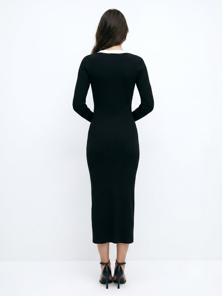 Black Contrast Placket Button Down Dress