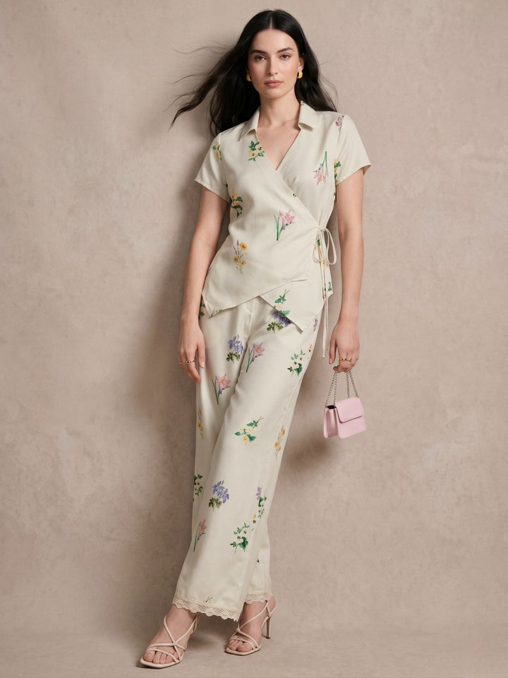 White Printed Wrap Top Co-ord And Wide Leg Trouser With Lace Trim
