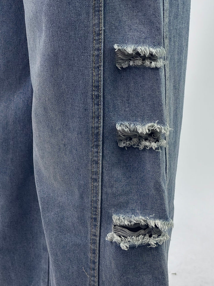Blue Side Panel Distressed Baggy Fit Denim