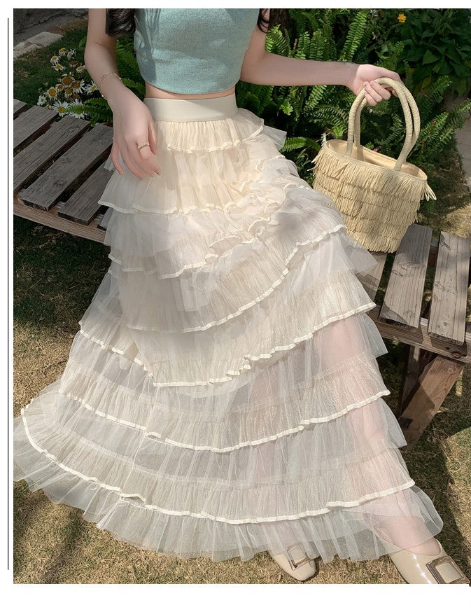 Cream Multi Ruffled Tiered Maxi Skirt