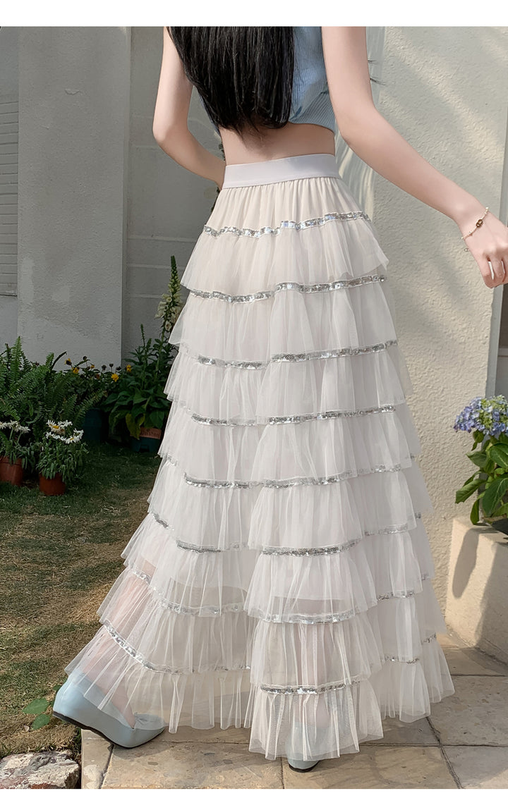 White Solid Tiered Skirt With Tonal Borders