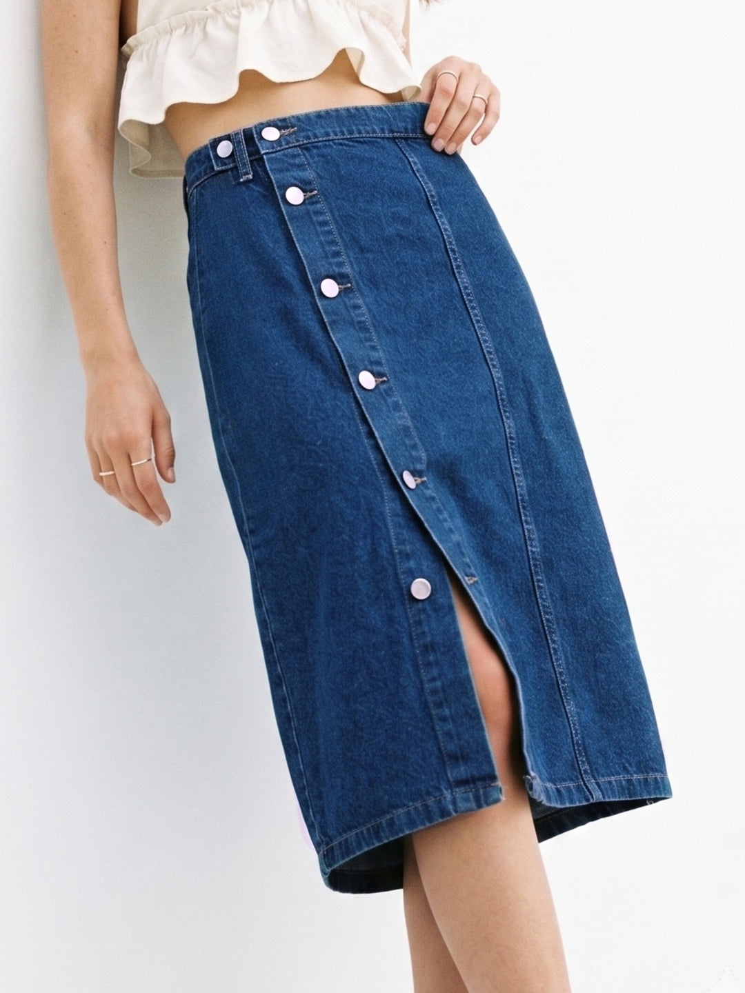 Blue Button Up Thigh High Slit Denim Skirt