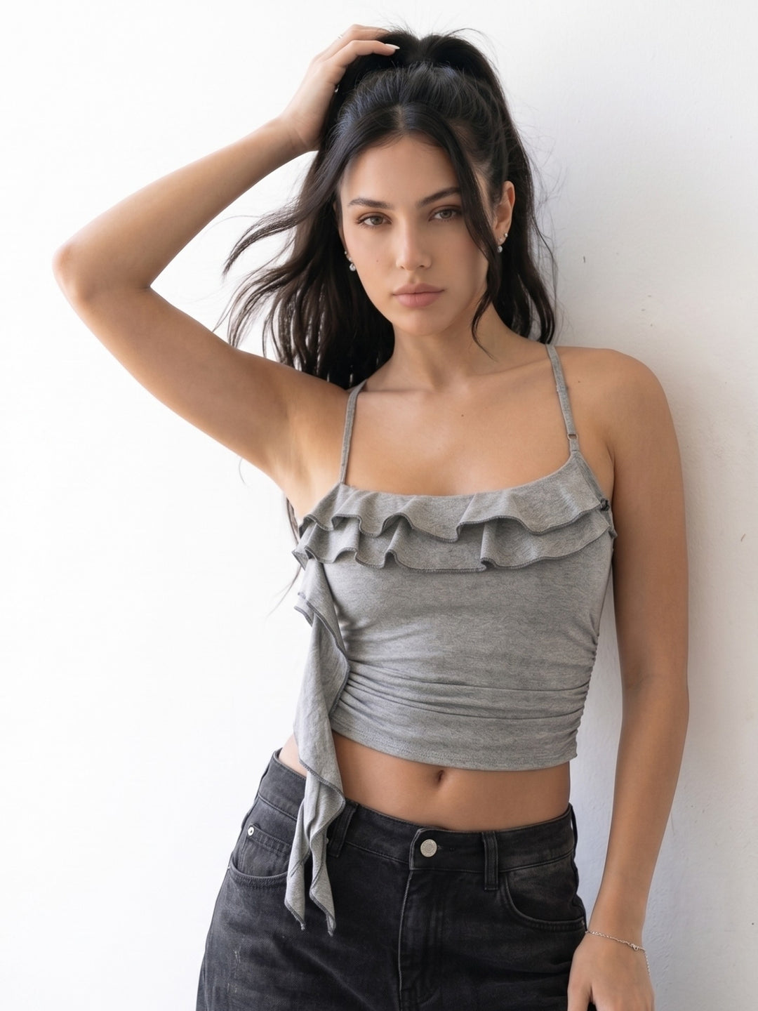 Grey Ruffle Detail Fitted Top