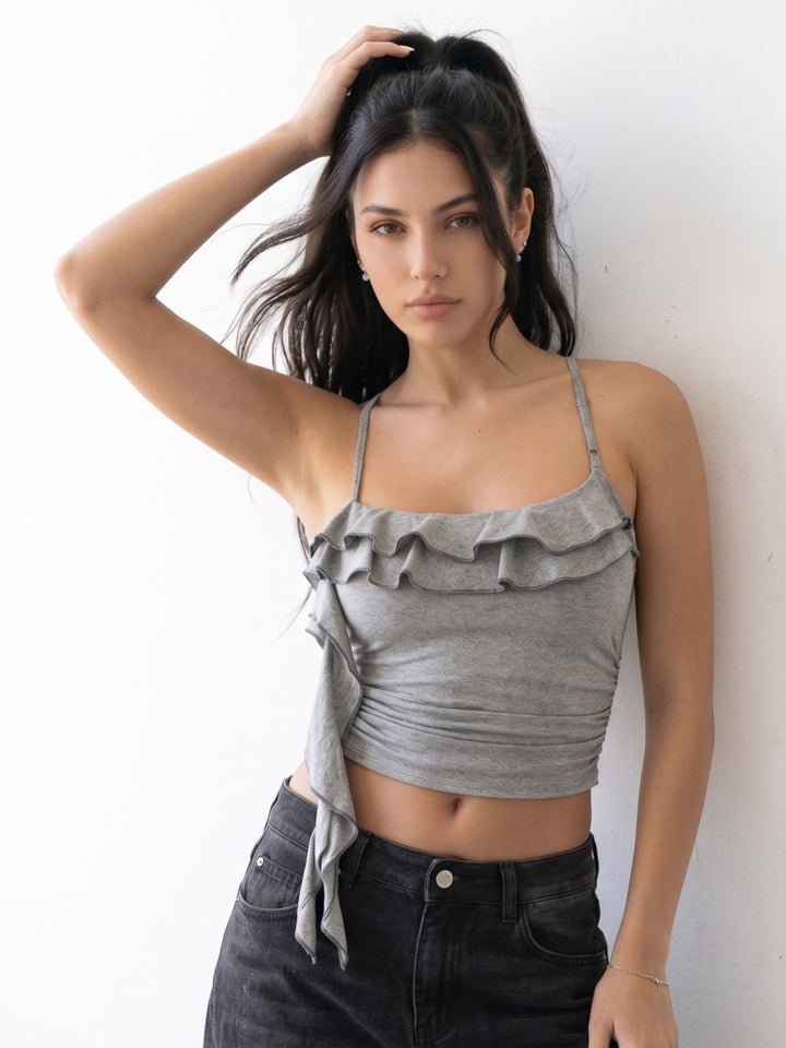 Grey Ruffle Detail Fitted Top