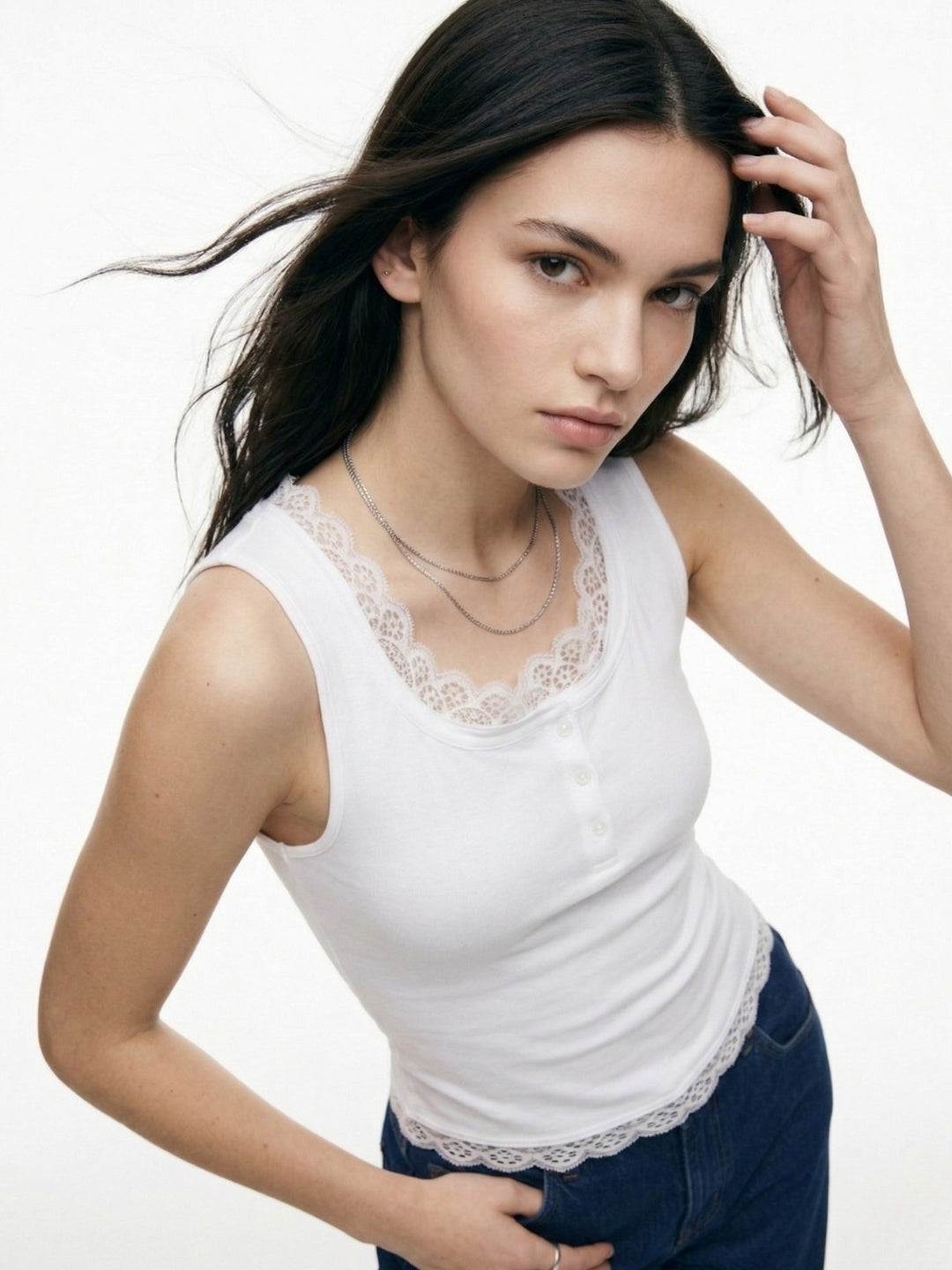 White Ribbed Twofer Tank With Lace Inserts