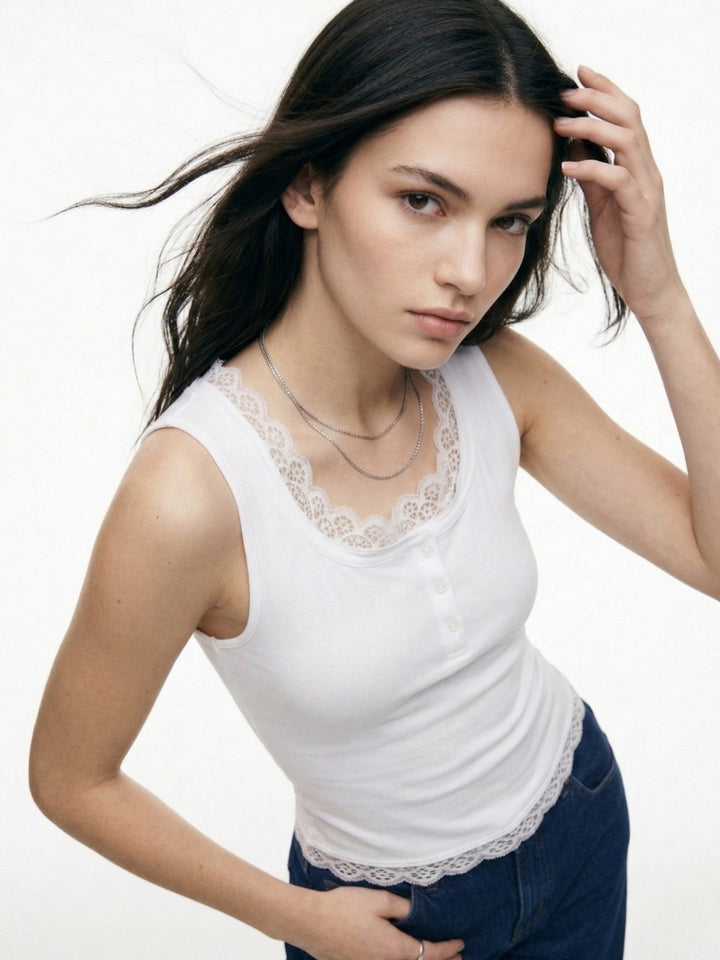 White Ribbed Twofer Tank With Lace Inserts