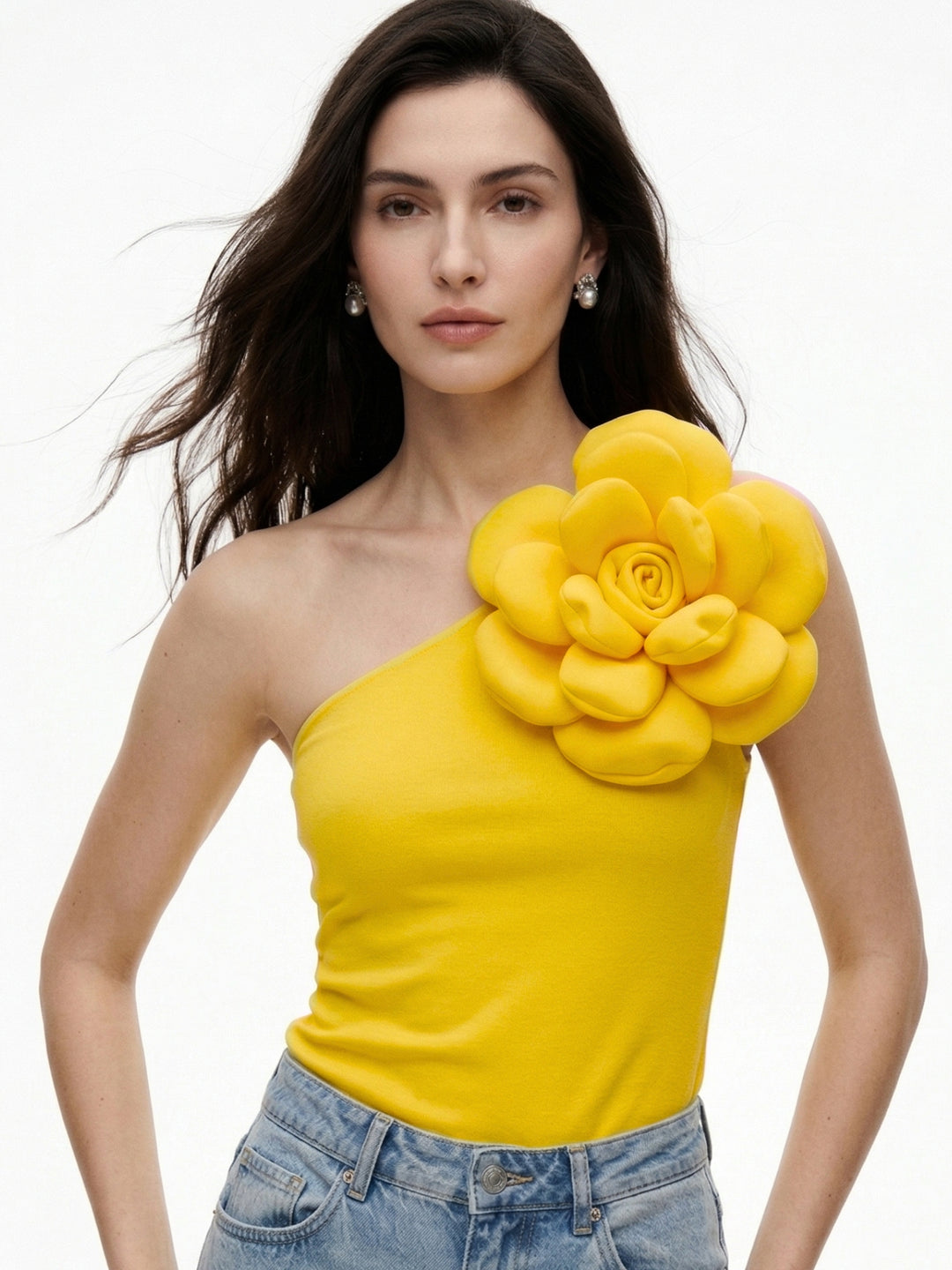 Yellow One Shoulder Flower Attached Top