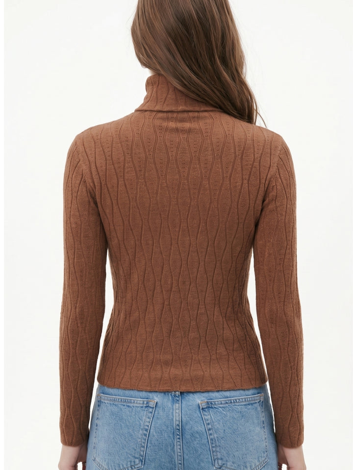 Brown Full Sleeve Textured Turtle Neck Sweater