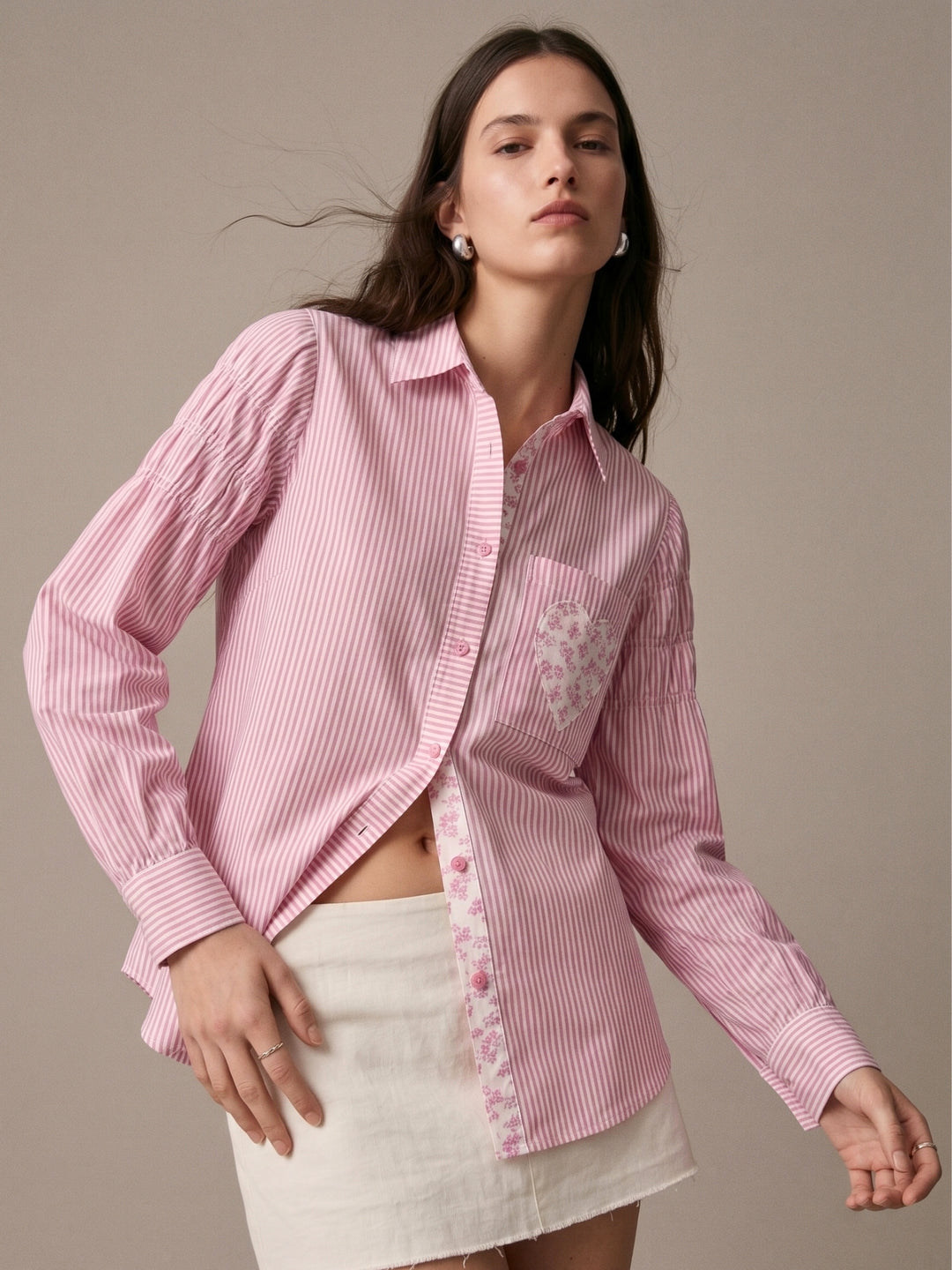 Pink Stripe Heart Appliqued Causal Shirt