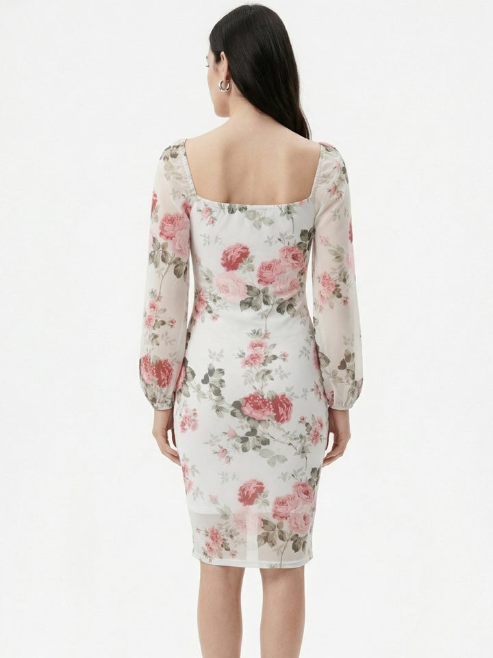 Off White Bishop Sleeve Square Neck Floral Printed Dress