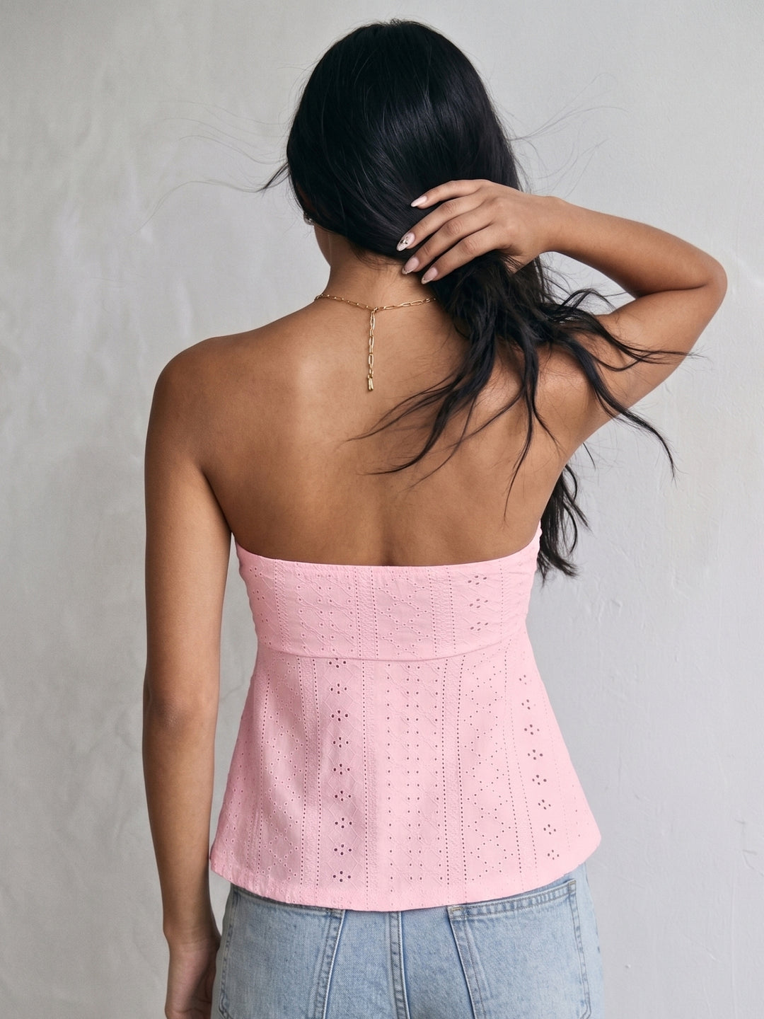 Pink Strapless Textured Knit Front Ruched Top