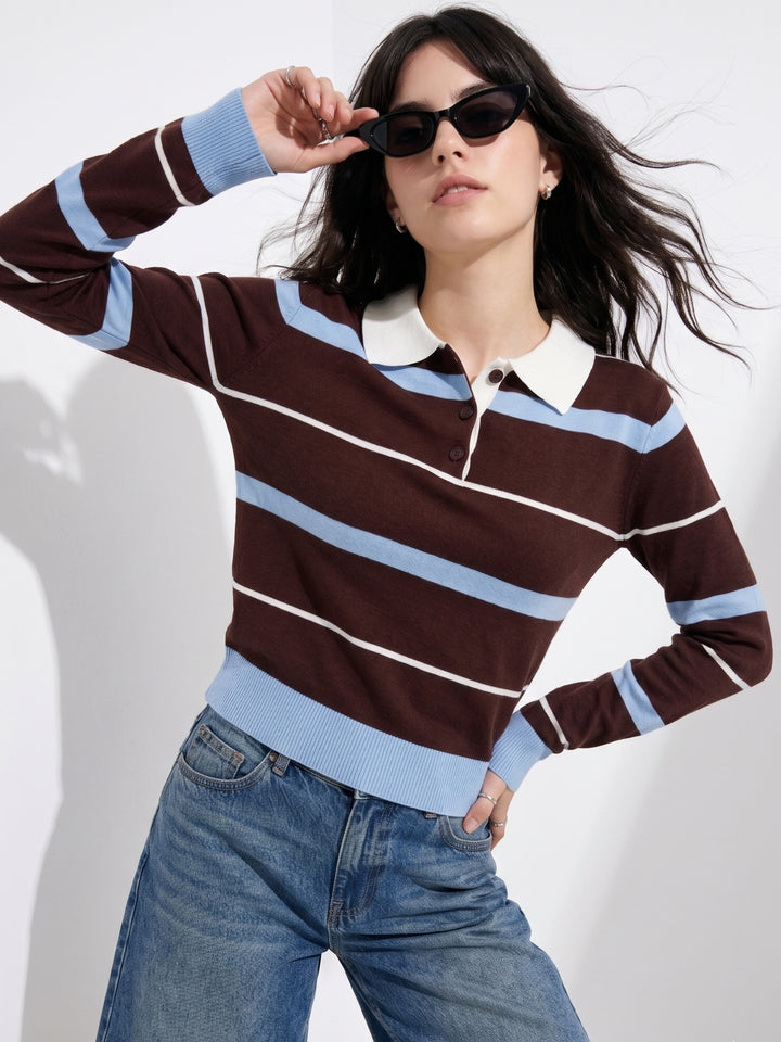Brown Striped Polo Sweater