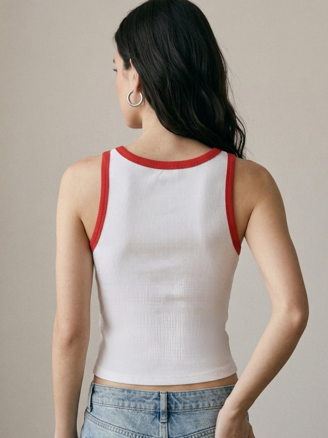 White Contrast Square Neck Ribbed Top