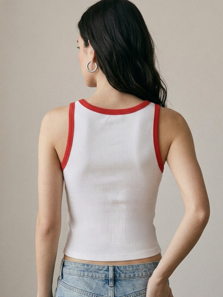 White Contrast Square Neck Ribbed Top