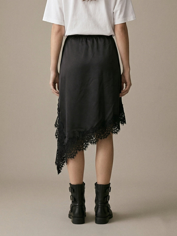 Black Asymmetric Hem Skirt With Lace Inserts