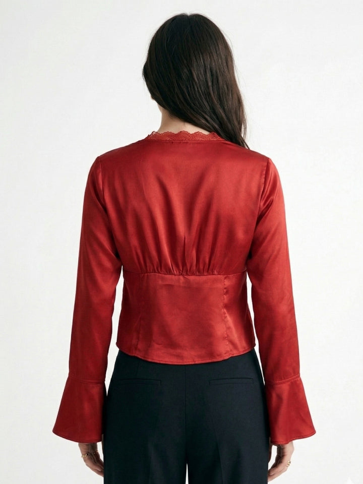 Red Bell Sleeves Front Tie-Up Lace Top