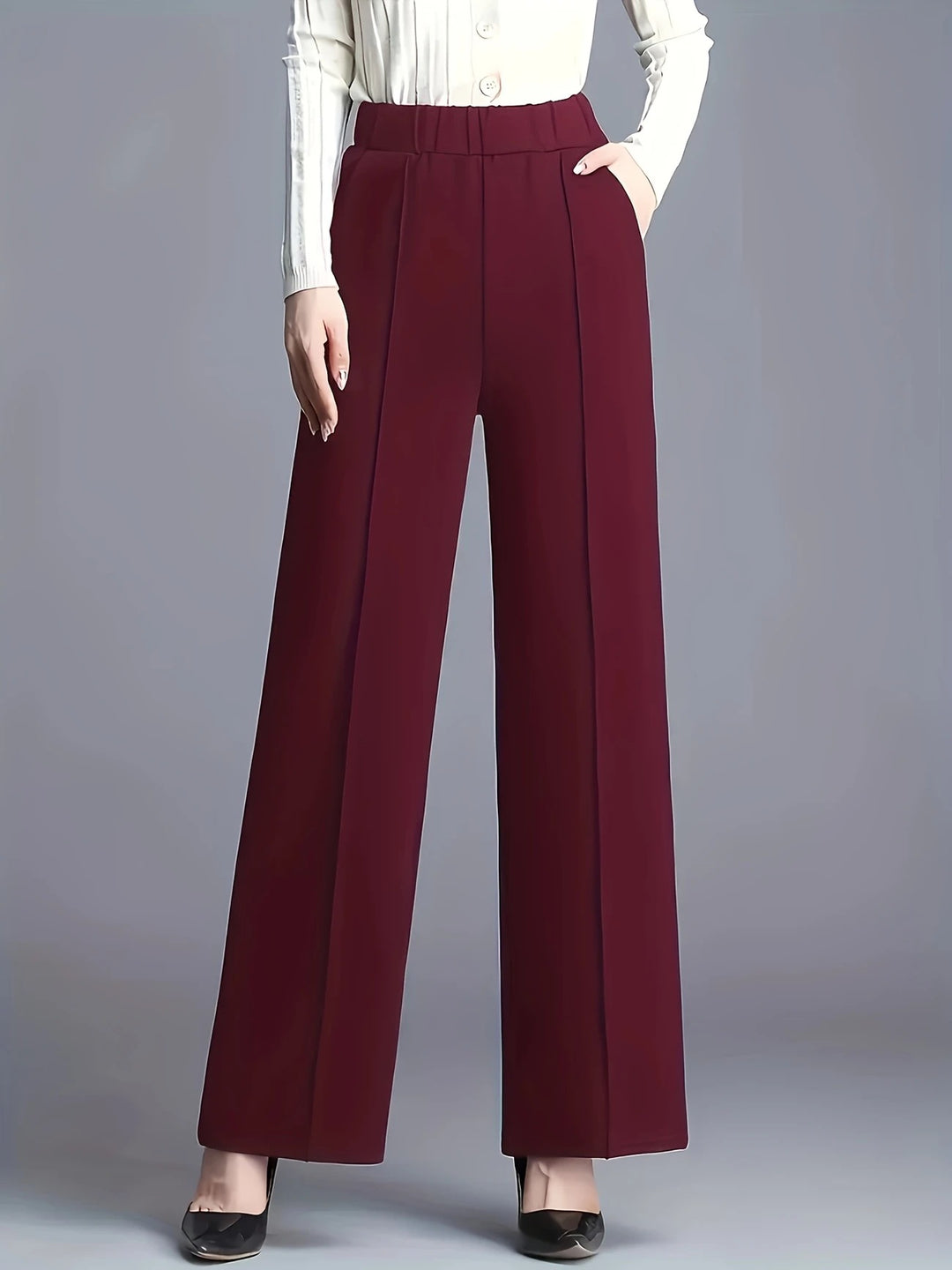 Burgundy Solid Wide Leg Pant