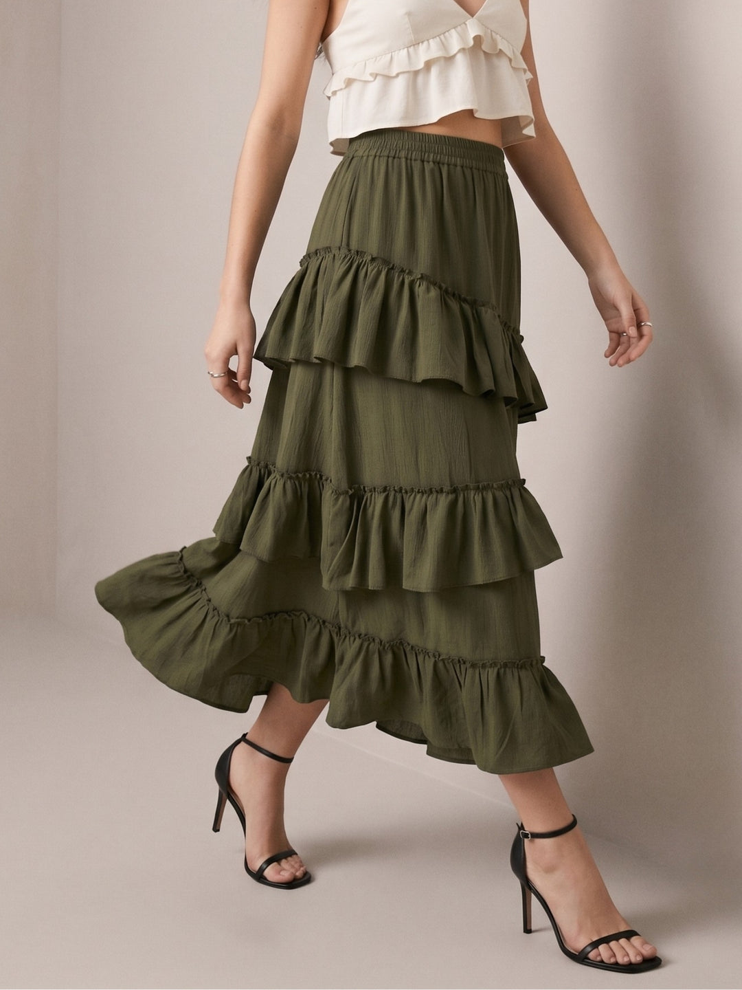 Olive Midi Skirt With Ruffle Detail