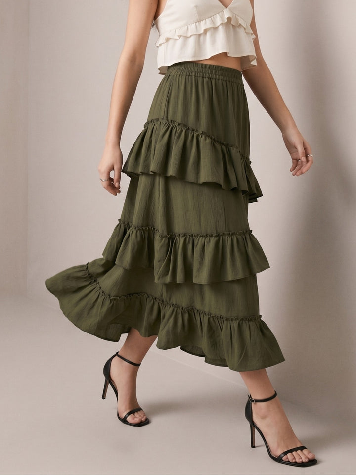 Olive Midi Skirt With Ruffle Detail