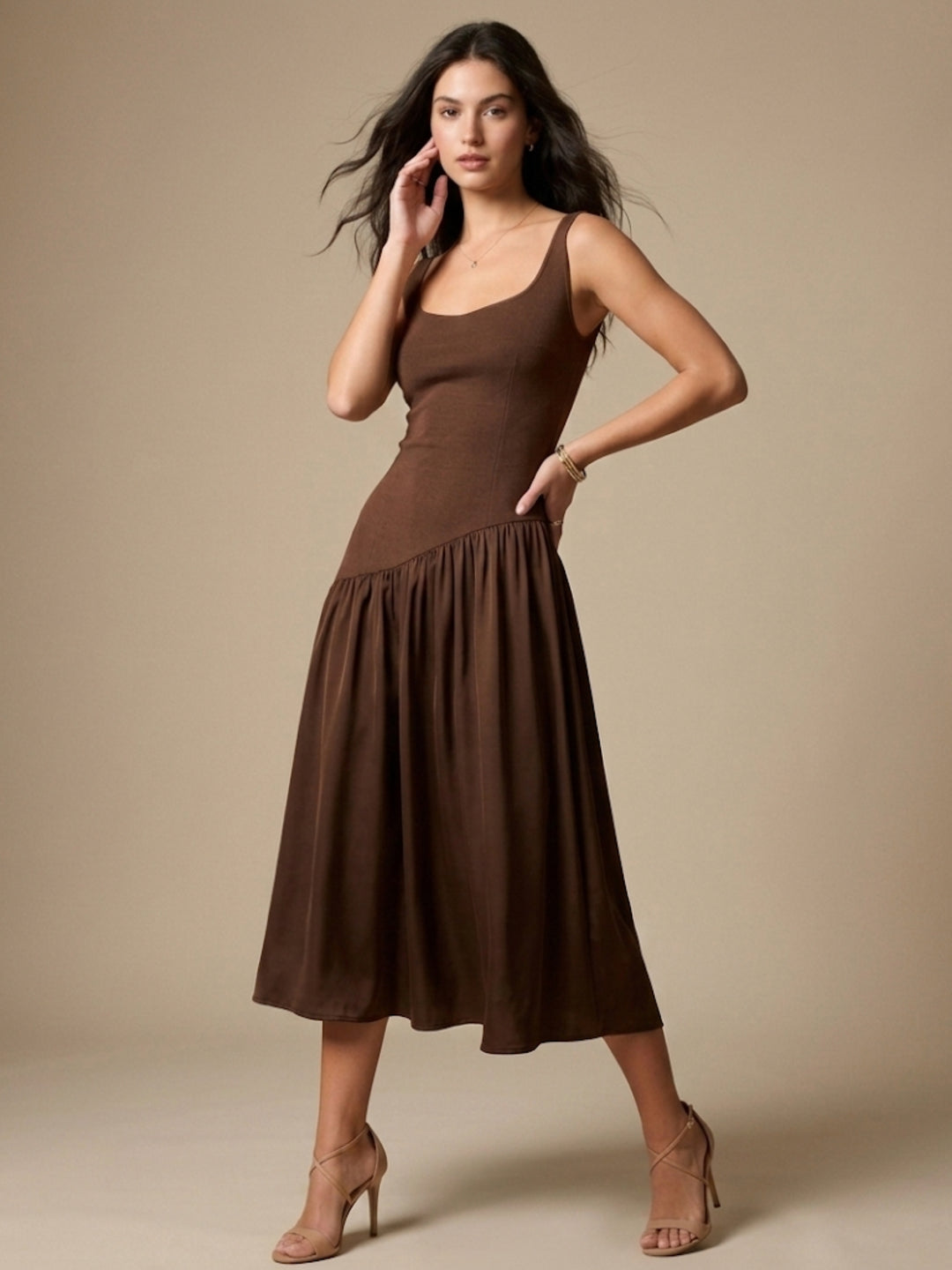 Brown Flare Hem Sleeveless Dress