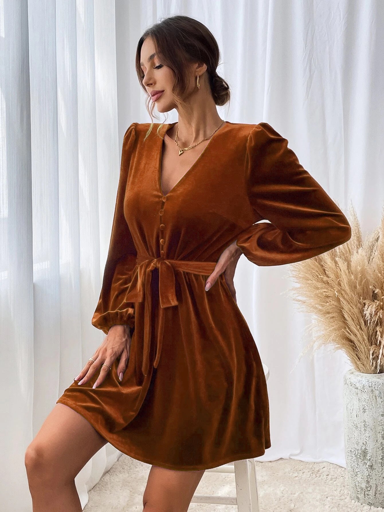 Brown Bishop Sleeve Front Tie-Up Dress